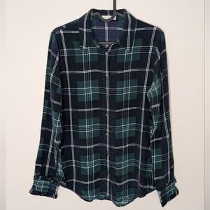 Equipment Femme Signature Ruffle Sleeve Silk Plaid Green Blue Blouse - Size XS